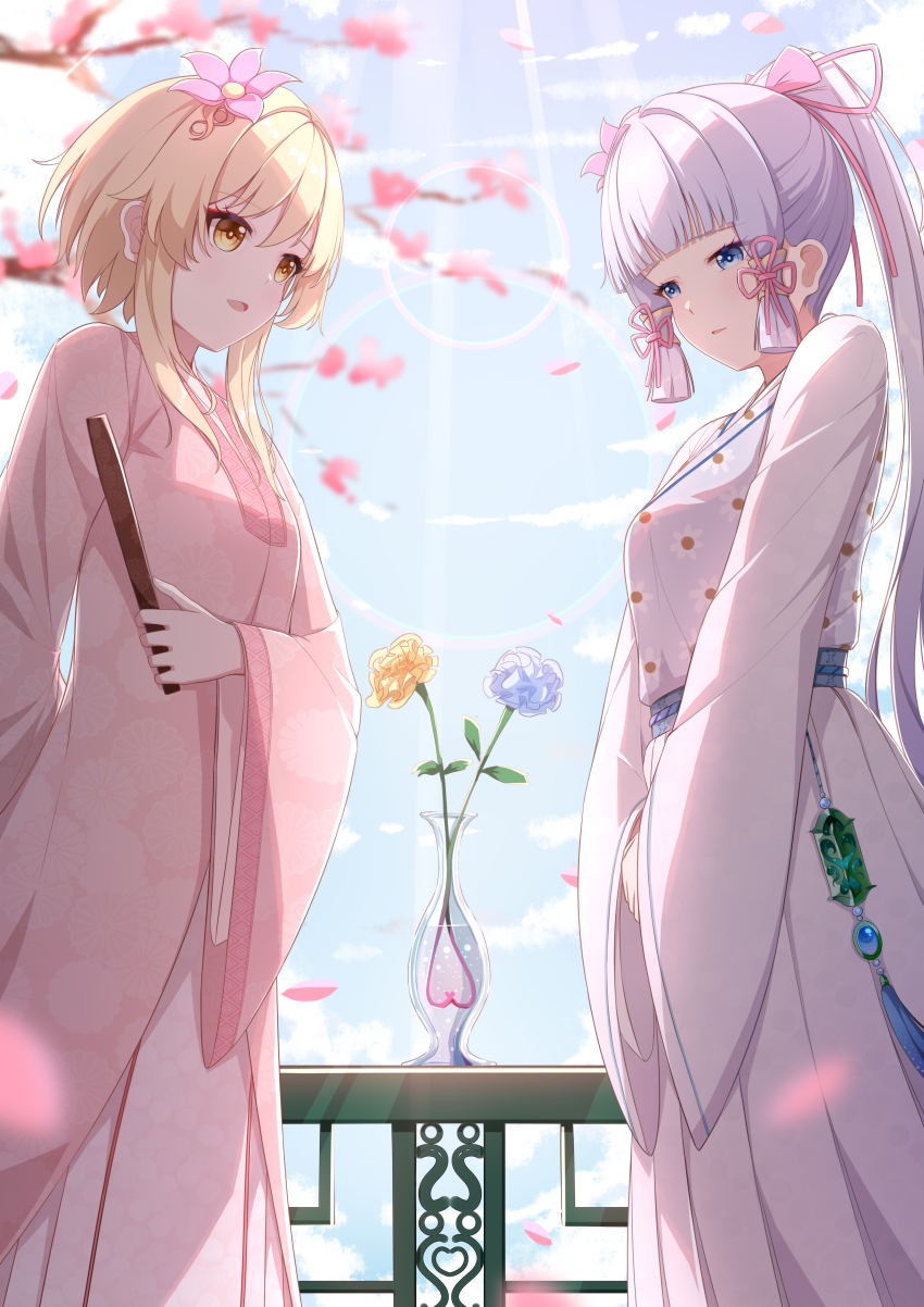 2girls, absurdres, aoqun, ayaka_(genshin_impact), beizi_(clothing), blonde_hair, blue_eyes, blue_flower