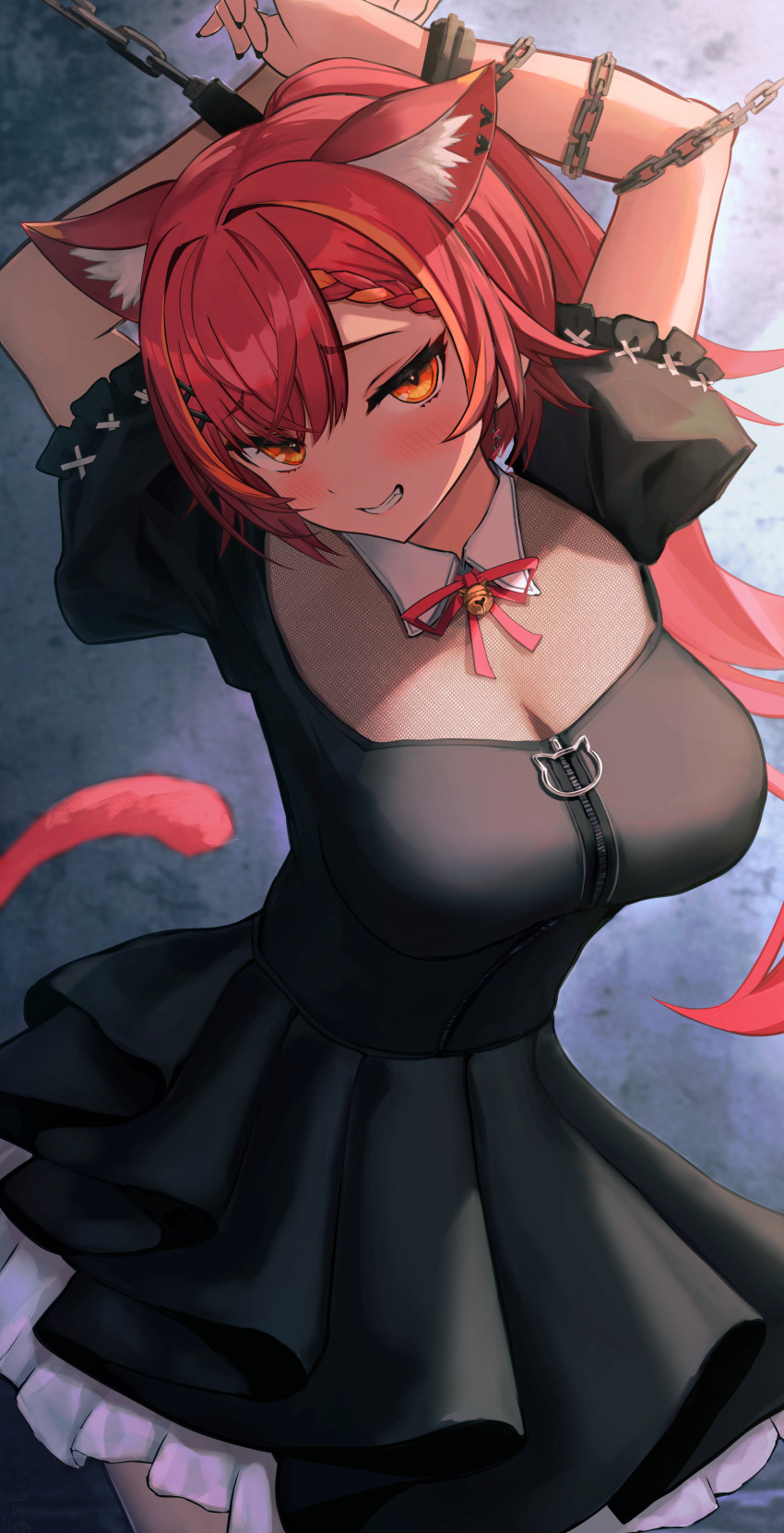 1girl, absurdres, animal_ear_fluff, animal_ears, arms_behind_head, arms_up, bell, black_dress, blush, bound, bound_arms, braid, braided_bangs, breasts, cat_ears, cat_girl, cat_tail, cat_zipper, chain, cleavage, dress, hair_ornament, highres, jingle_bell, large_breasts, long_hair, looking_at_viewer, maid, multicolored_hair, naikon, neck_bell, nekota_tsuna, nekota_tsuna_(3rd_costume), orange_eyes, orange_hair, petticoat, pleated_dress, ponytail, puffy_short_sleeves, puffy_sleeves, red_hair, red_ribbon, restrained, ribbon, seductive_smile, see-through_cleavage, see-through_clothes, short_dress, short_sleeves, smile, smirk, solo, streaked_hair, tail, very_long_hair, virtual_youtuber, vspo!, x_hair_ornament, zipper