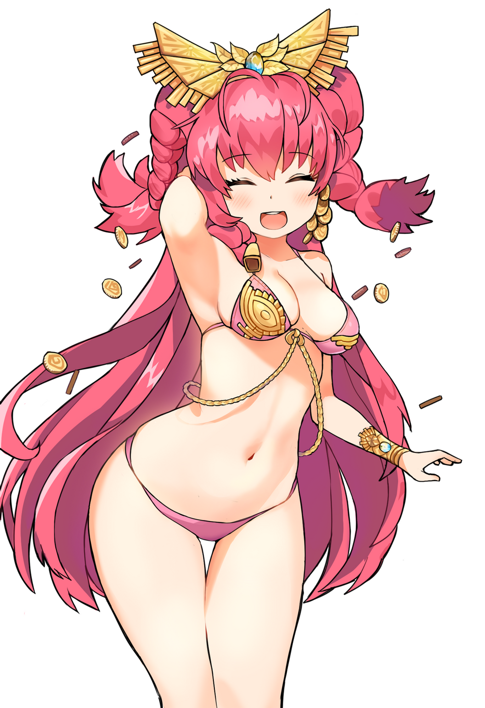 1girl, :d, ^_^, arm_behind_head, armlet, artist_request, bare_shoulders, bell, bikini, blush, bracelet, braid, breasts, cleavage, closed_eyes, coin, cowbell, cowboy_shot, destiny_child, facing_viewer, floating_hair, ganesha_(destiny_child), gem, gold, gold_coin, groin, hair_ornament, highres, jewelry, long_hair, looking_at_viewer, medium_breasts, navel, open_mouth, pink_bikini, pink_hair, simple_background, smile, solo, standing, stomach, swimsuit, thighs, tiara, twin_braids, very_long_hair, white_background