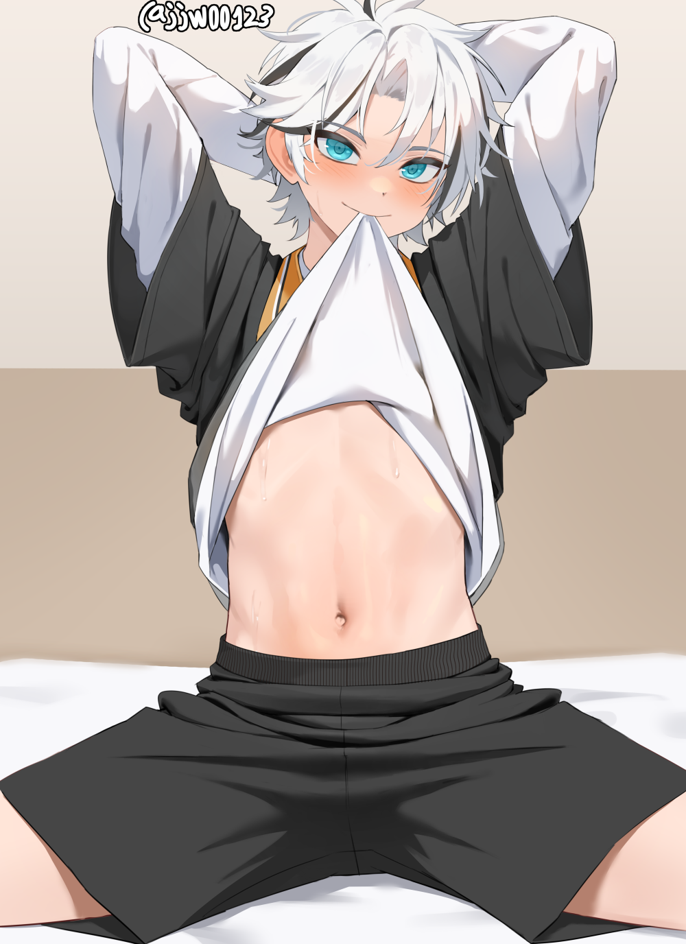 1boy, arms_behind_head, arms_up, artist_name, black_hair, black_shirt, black_shorts, blue_eyes, clothes_lift, commentary, ensemble_stars!, g1_(jjw00123), highres, male_focus, mouth_hold, multicolored_hair, navel, paid_reward_available, shirt, shirt_lift, short_hair, shorts, shota, simple_background, sitting, smile, spread_legs, taki_ibuki, thighs, twitter_username, undershirt, white_hair