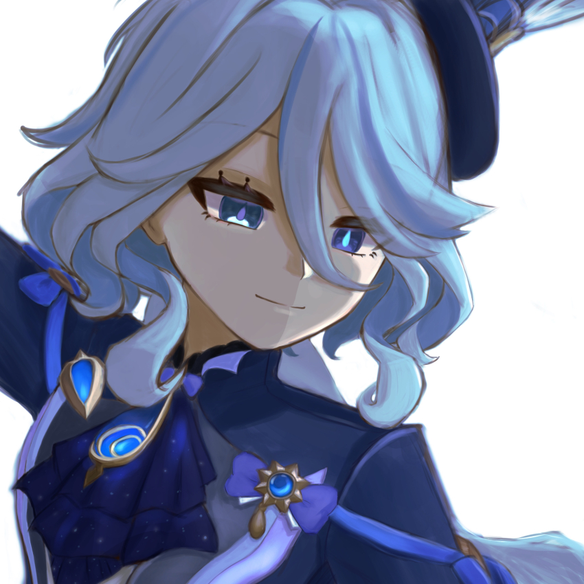 1girl, ascot, blue_ascot, blue_eyes, blue_hair, blue_jacket, brooch, furina_(genshin_impact), genshin_impact, hair_between_eyes, highres, jacket, jewelry, long_hair, portrait, sakusan, smile, solo, very_long_hair