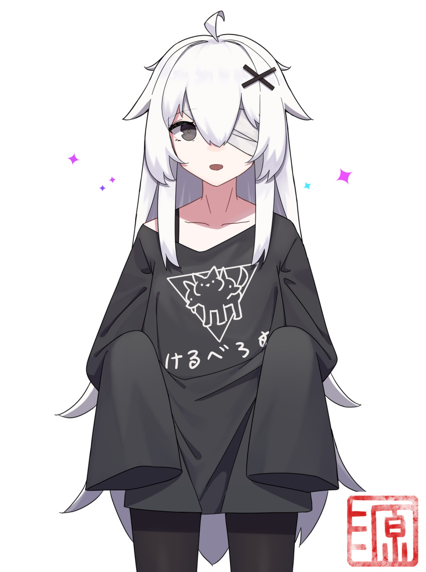 ahoge, alternate_costume, bandage_over_one_eye, berudora, black_pantyhose, black_shirt, grey_eyes, hair_between_eyes
