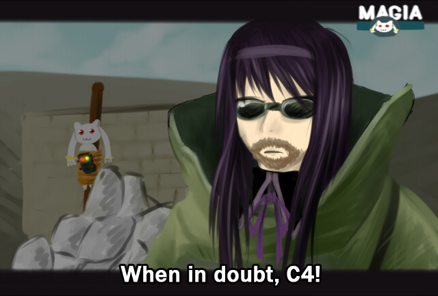 1girl, adam_savage, adam_savage_(cosplay), akemi_homura, black_hair, cosplay, jamie_hyneman, jamie_hyneman_(cosplay), kyubey, mahou_shoujo_madoka_magica, mahou_shoujo_madoka_magica_(anime), mythbusters, parody, truth