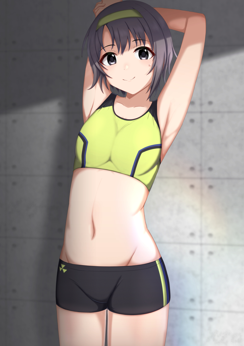 1girl, absurdres, armpits, arms_up, black_eyes, black_shorts, cowboy_shot, gotokawa_meguro, green_hairband, green_sports_bra, grey_hair, hairband, highres, idolmaster, idolmaster_cinderella_girls, looking_at_viewer, midriff, navel, otokura_yuuki, short_hair, short_shorts, shorts, smile, solo, sports_bikini, sports_bra, standing, stretching