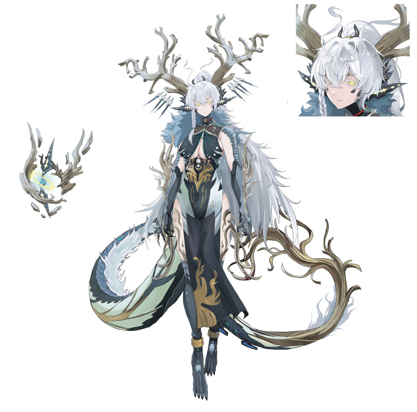 1girl, absurdres, black_dress, breasts, bright_pupils, center_opening, claws, closed_mouth