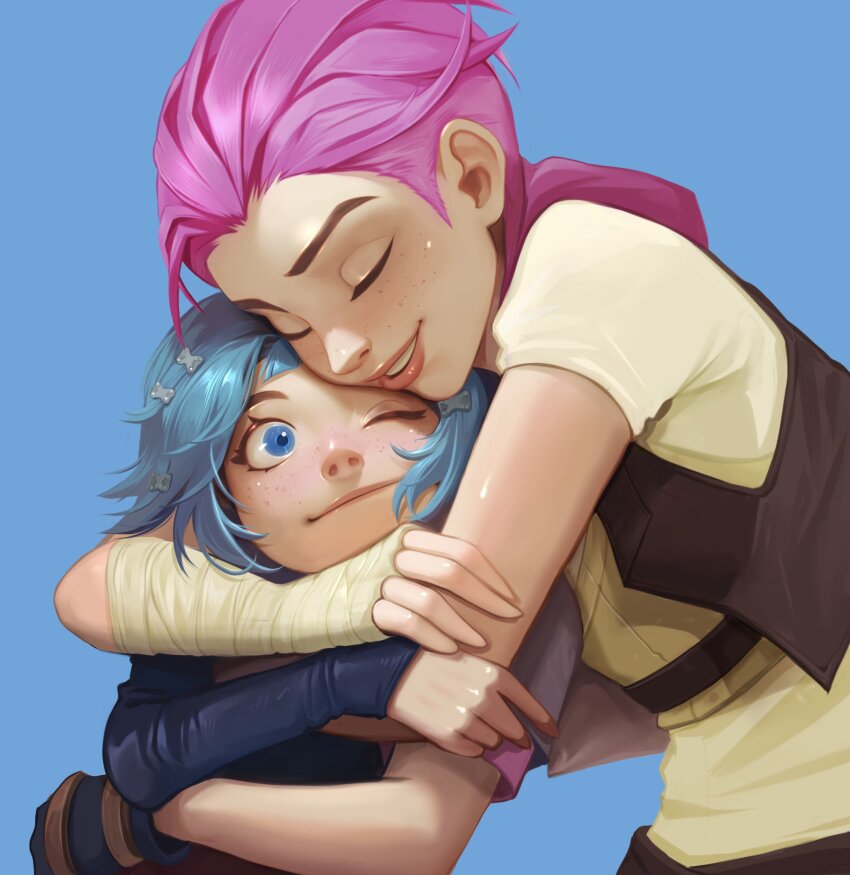 2girls, arcane:_league_of_legends, bandaged_hand, bandages, blue_background, blue_eyes, blue_hair, blush, boraiolet, child, closed_eyes, hair_ornament, highres, hug, jinx_(league_of_legends), league_of_legends, multiple_girls, one_eye_closed, pink_hair, powder_(arcane), short_hair, siblings, simple_background, sisters, smile, vi_(league_of_legends)