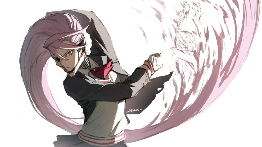 1girl, acrobatic_silky_(dandadan), artist_name, black_jacket, dandadan, forutaro, hair_between_eyes, half_mask