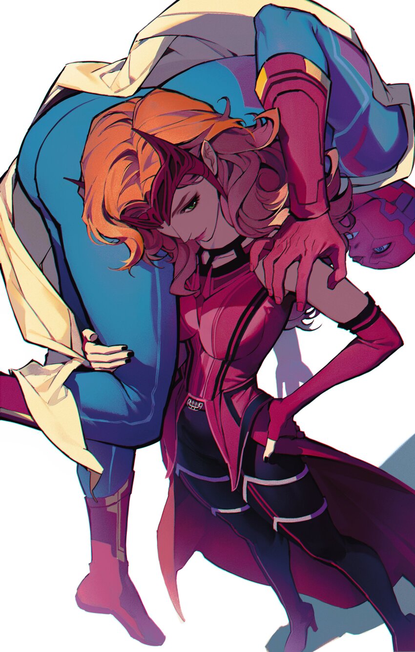 1boy, 1girl, absurdres, al_(ahr), black_nails, black_pants, blue_bodysuit, blue_eyes