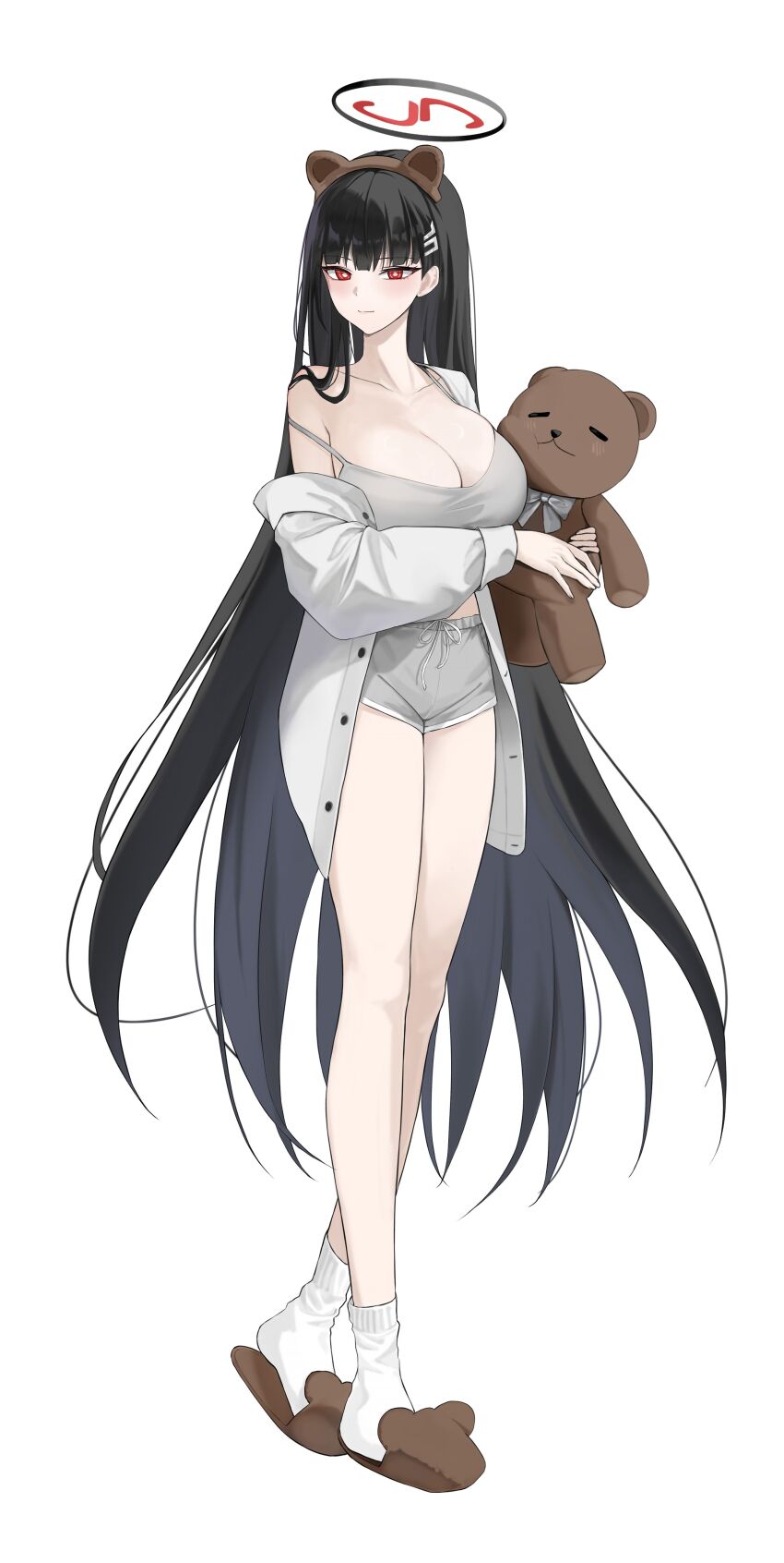 1girl, absurdres, alternate_costume, animal_ears, bear_ears, black_hair, black_halo, blue_archive