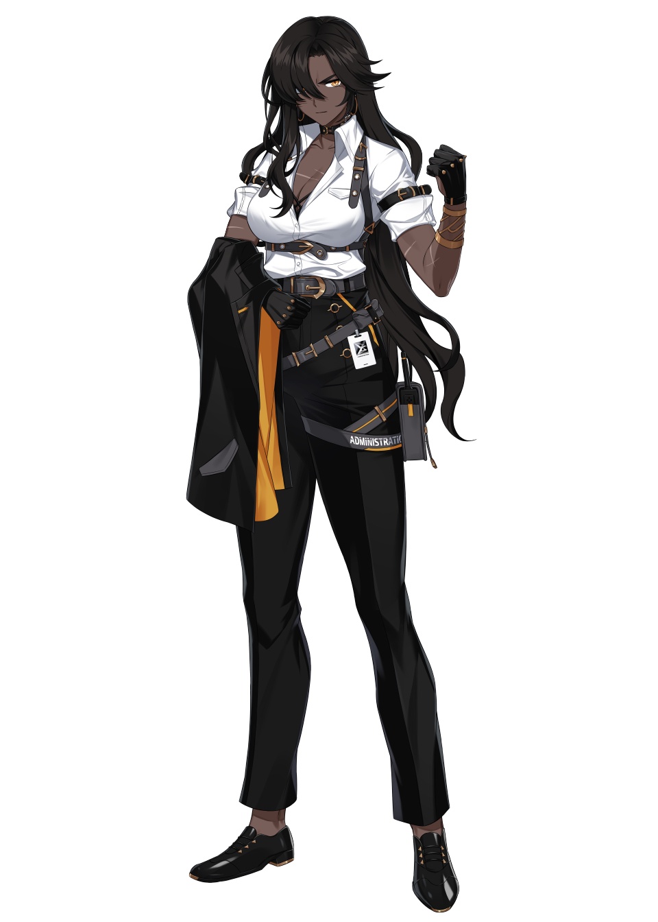 1girl, arm_belt, belt, belt_collar, black_belt, black_gloves, black_hair, black_jacket