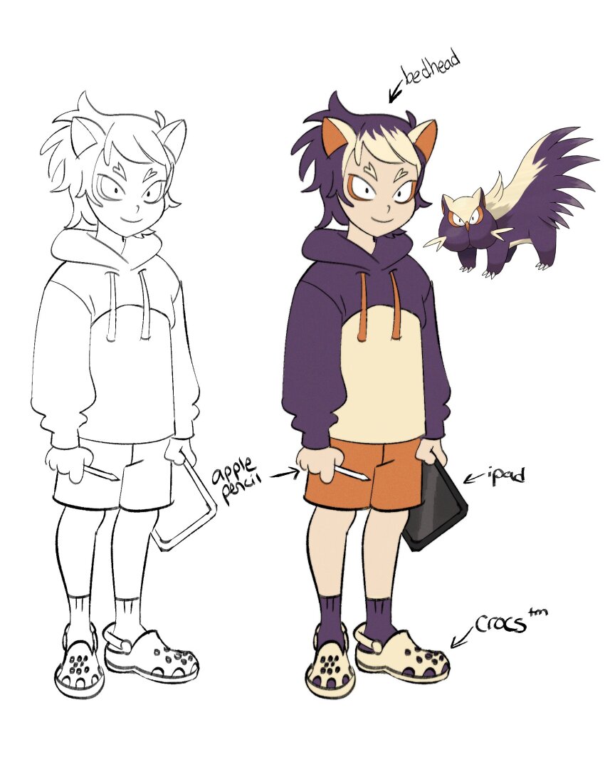 1girl, androgynous, animal_ears, apple_pencil, arrow_(symbol), blonde_hair, creature_and_personification, crocs