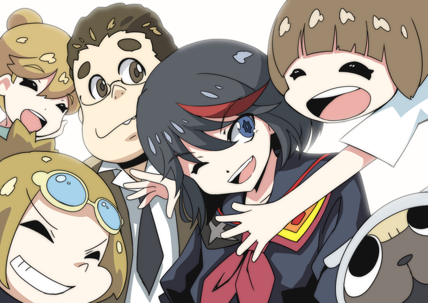 2boys, 3girls, black_hair, bloom, blue_eyes, brown_hair, dog, father_and_child, father_and_daughter, father_and_son, fatherly, guts_(kill_la_kill), hug, husband_and_wife, kamui_(kill_la_kill), kill_la_kill, mankanshoku_barazou, mankanshoku_mako, mankanshoku_matarou, mankanshoku_sukuyo, matoi_ryuuko, motherly, multicolored_hair, multiple_boys, multiple_girls, one_eye_closed, parent_and_child, pug, rain_drop_(artist), senketsu, siblings, streaked_hair, white_background