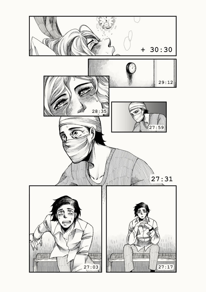 1girl, bed, death, death_(entity), doctor, flower, giving_birth, grim_reaper, hat, hospital, hospital_bed, hospital_gown, intravenous_drip, iv_stand, long_hair, nurse, nurse_cap, original, privacy_screen, snippy_mj, tears