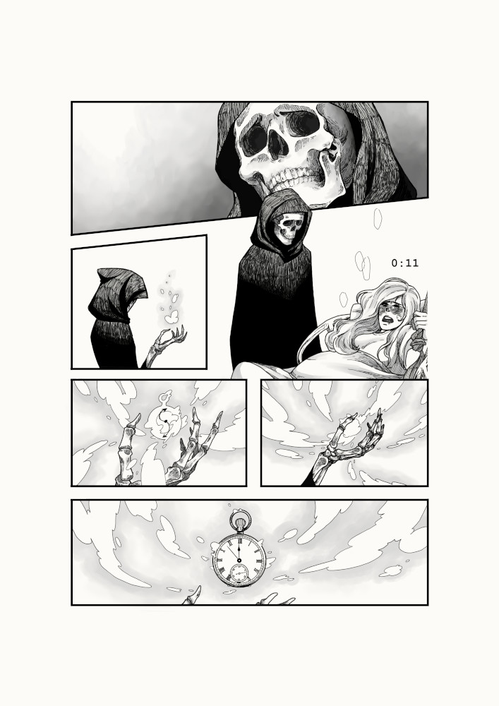 black_robe, cloak, death, death_(entity), doctor, english_text, giving_birth, grim_reaper, hood, hood_up, hooded_robe, hospital, intravenous_drip, original, pocket_watch, pregnant, robe, skeleton, skull, snippy_mj, watch