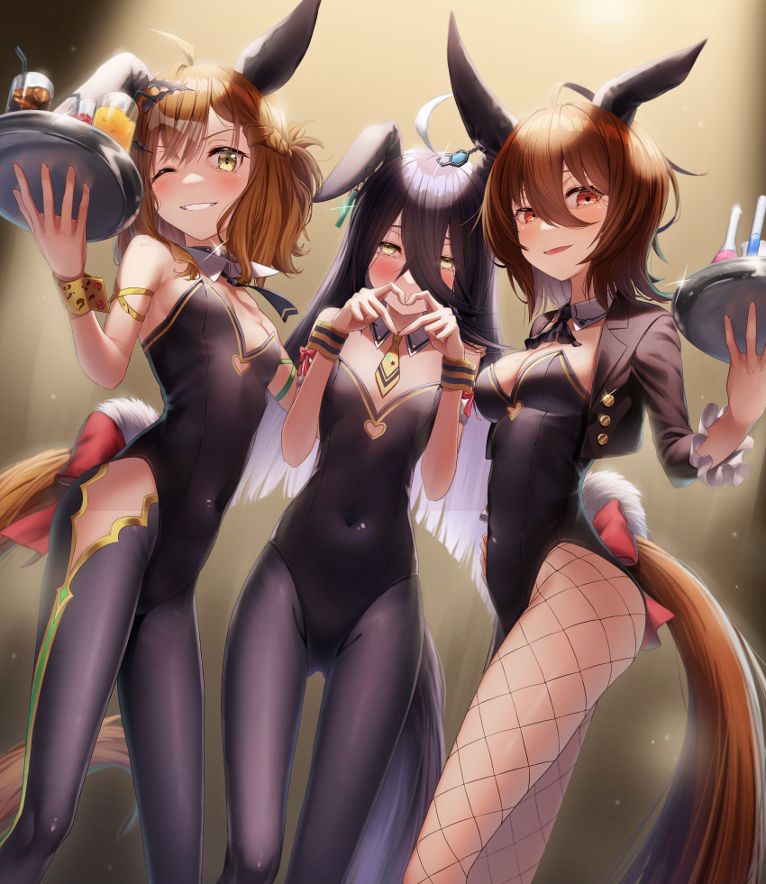 3girls, absurdres, agnes_tachyon_(umamusume), ahoge, animal_ears, black_hair, black_jacket, black_leotard