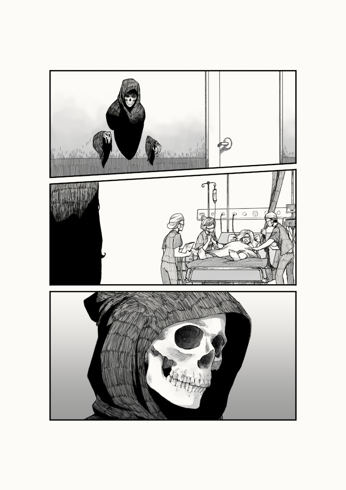 death, death_(entity), doctor, giving_birth, grim_reaper, hospital, intravenous_drip, original