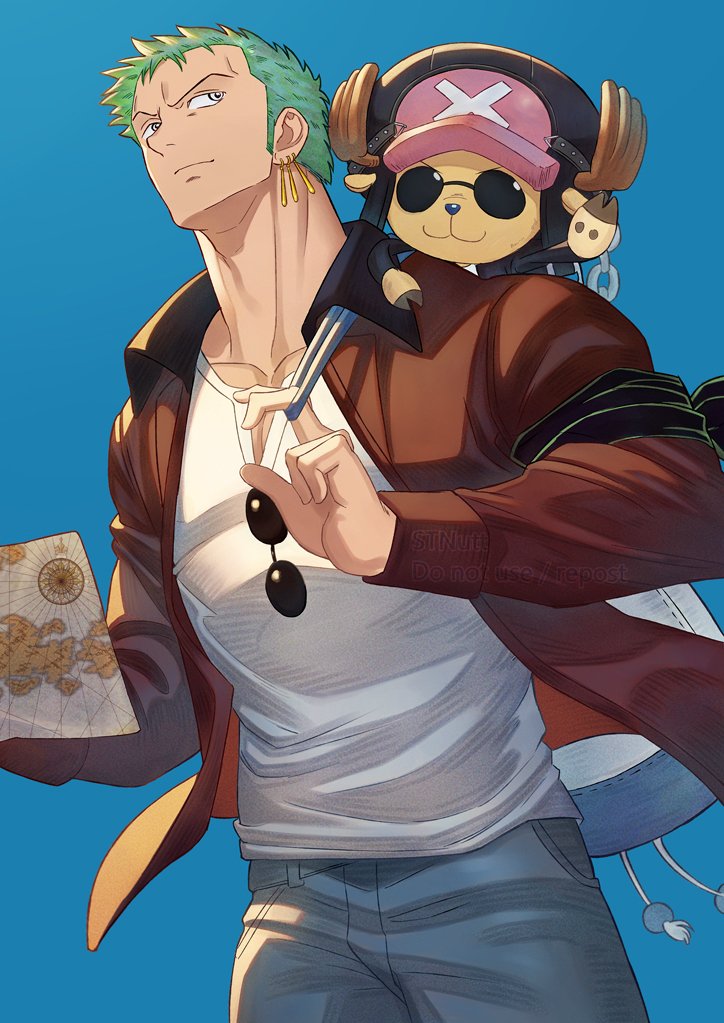 backpack, bag, belt, blue_background, denim, earrings, green_hair, hat