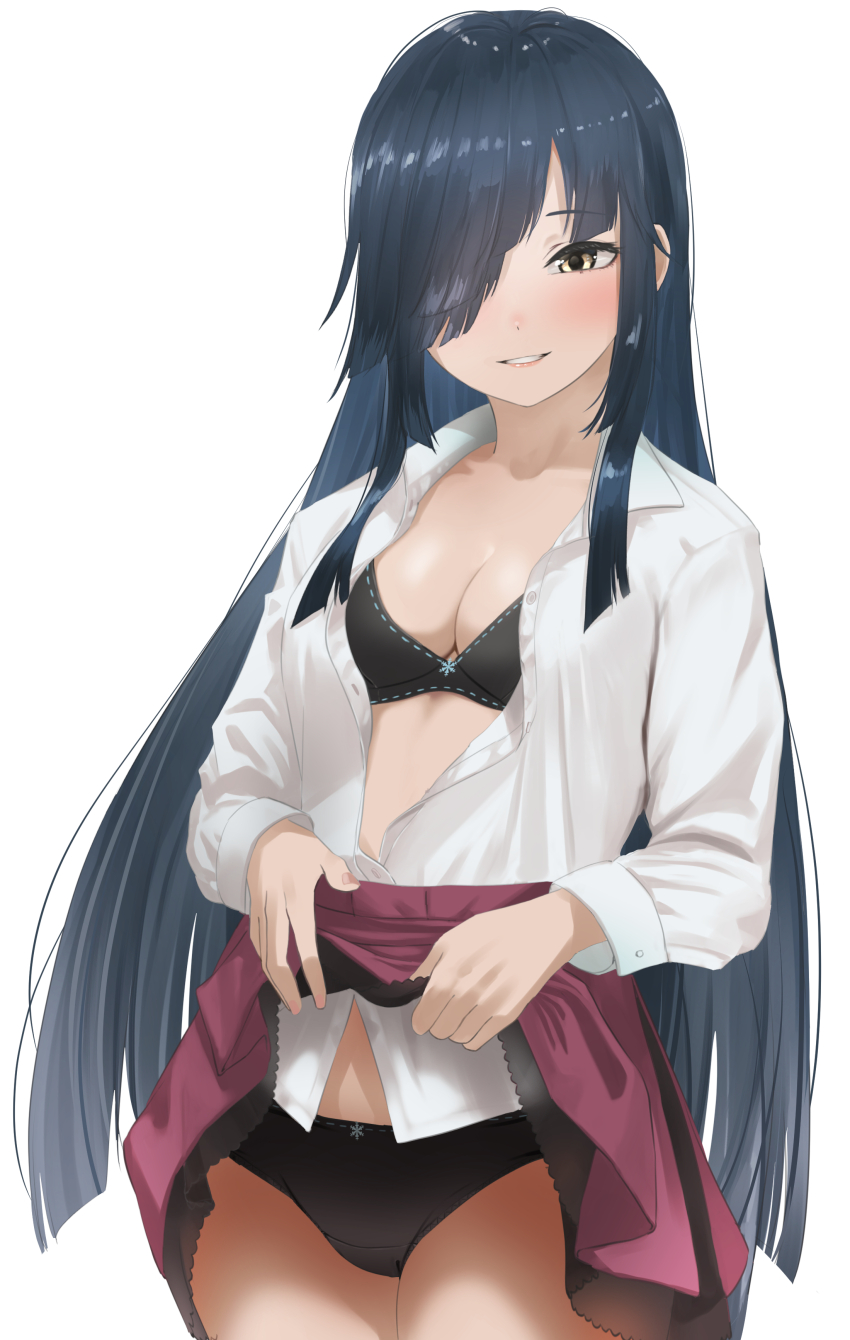 1girl, absurdres, black_bra, black_hair, black_panties, blunt_bangs, blunt_ends, bra, breasts, brown_eyes, cleavage, commentary_request, commission, diagonal_bangs, hair_over_one_eye, hair_ribbon, hayashimo_(kancolle), hayashimo_kai_ni_(kancolle), highres, kantai_collection, lifting_own_clothes, long_hair, long_sleeves, looking_at_viewer, panties, pixiv_commission, ribbon, shirt, small_breasts, smile, solo, tama_(tamago), unbuttoned, underwear, very_long_hair, white_background, white_shirt