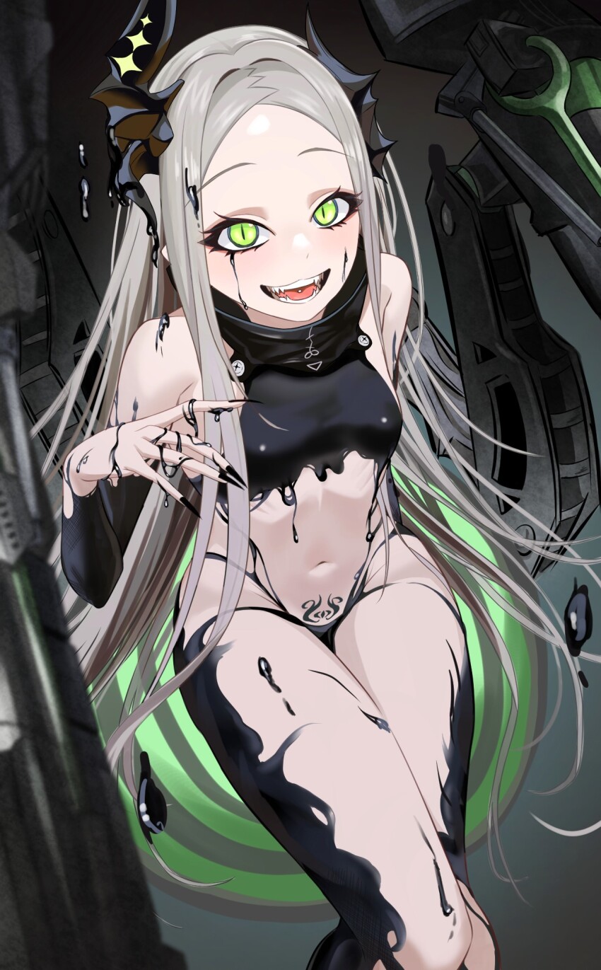 1girl, bare_shoulders, black_horns, black_liquid, black_nails, fangs, forehead, goddess_of_victory:_nikke