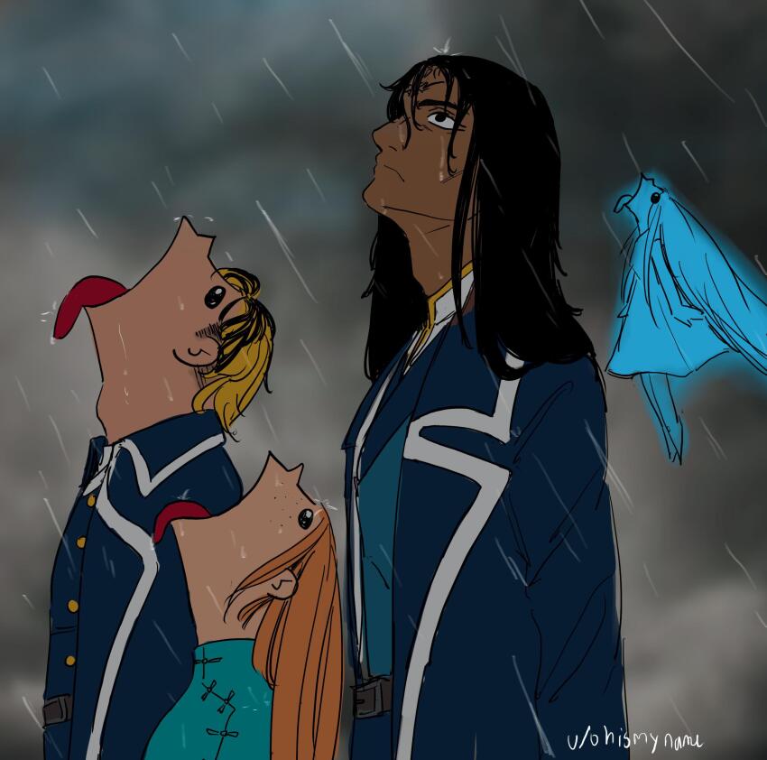 2boys, 2girls, absurdres, adam's_apple, adolin_kholin, black_hair, blonde_hair, blue_hair, blue_skin, colored_skin, dark-skinned_male, dark_skin, facial_mark, fairy, forehead_mark, freckles, frown, goku_and_vegeta_in_the_rain_(meme), grey_sky, high_collar, highres, kaladin_(the_stormlight_archive), meme, mini_person, minigirl, multicolored_hair, multiple_boys, multiple_girls, ohismyname, rain, red_hair, shallan_(the_stormlight_archive), signature, sky, syl_(the_stormlight_archive), the_stormlight_archive