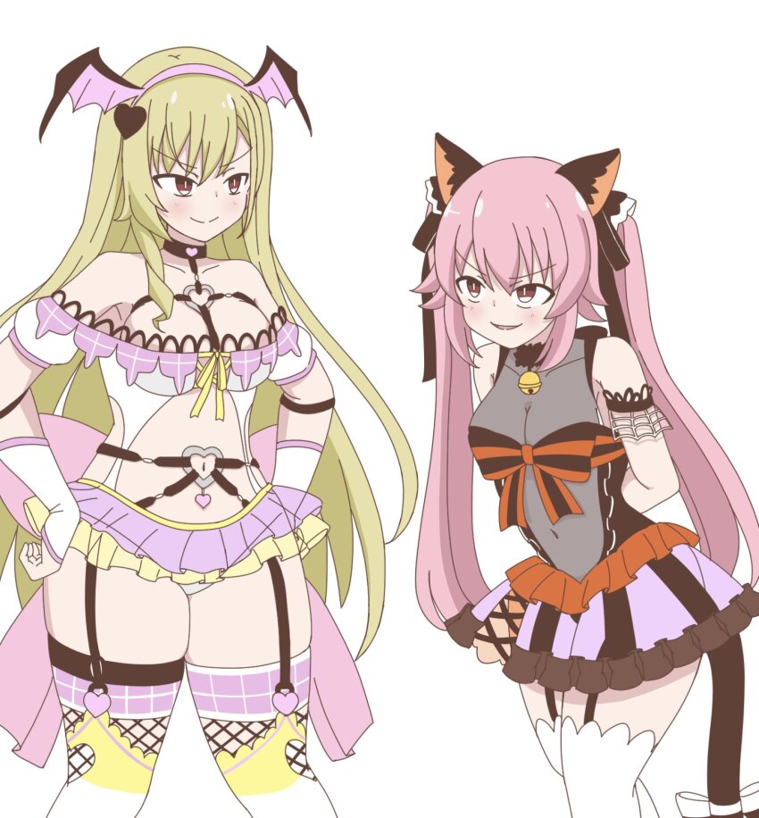 >:), 2girls, animal_ears, arm_strap, arms_behind_back, assault_lily, back_bow, bare_shoulders