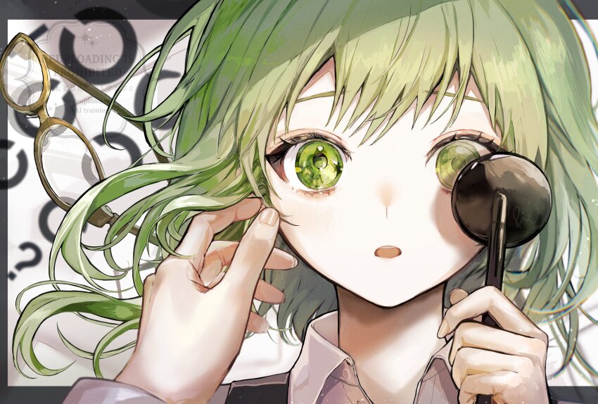 1girl, ?, absurdres, collared_shirt, eye_chart, glasses, green_eyes, green_hair
