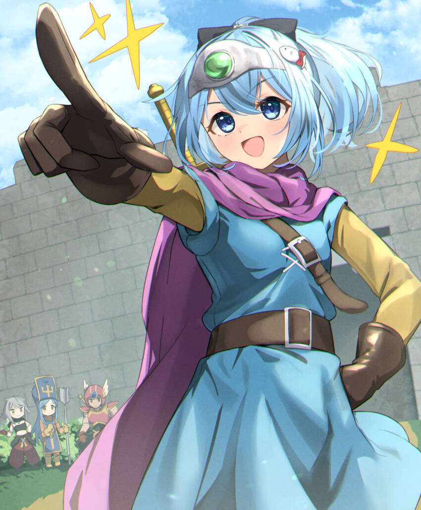 1boy, 3girls, armor, belt, black_bow, black_gloves, blue_dress, blue_eyes