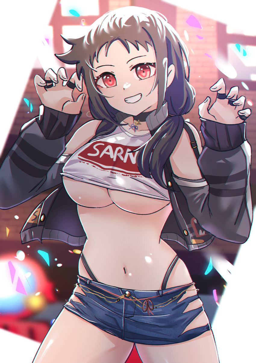 1girl, absurdres, ayame_(senran_kagura), bare_shoulders, black_choker, black_hair, black_jacket, black_panties, blue_skirt, breasts, choker, claw_pose, collarbone, cowboy_shot, crop_top, denim, denim_skirt, extreme_crop_top, grin, highres, jacket, jewelry, large_breasts, light_particles, long_hair, microskirt, multiple_rings, navel, official_alternate_costume, official_alternate_hairstyle, original, over_flow99, panties, red_eyes, revealing_clothes, ring, senran_kagura, senran_kagura_new_link, senran_kagura_new_wave, shiny_skin, shirt, skindentation, skirt, sleeve_garter, smile, solo, star_pendant, stomach, teeth, thong, torn_clothes, torn_skirt, underboob, underwear, white_shirt, window