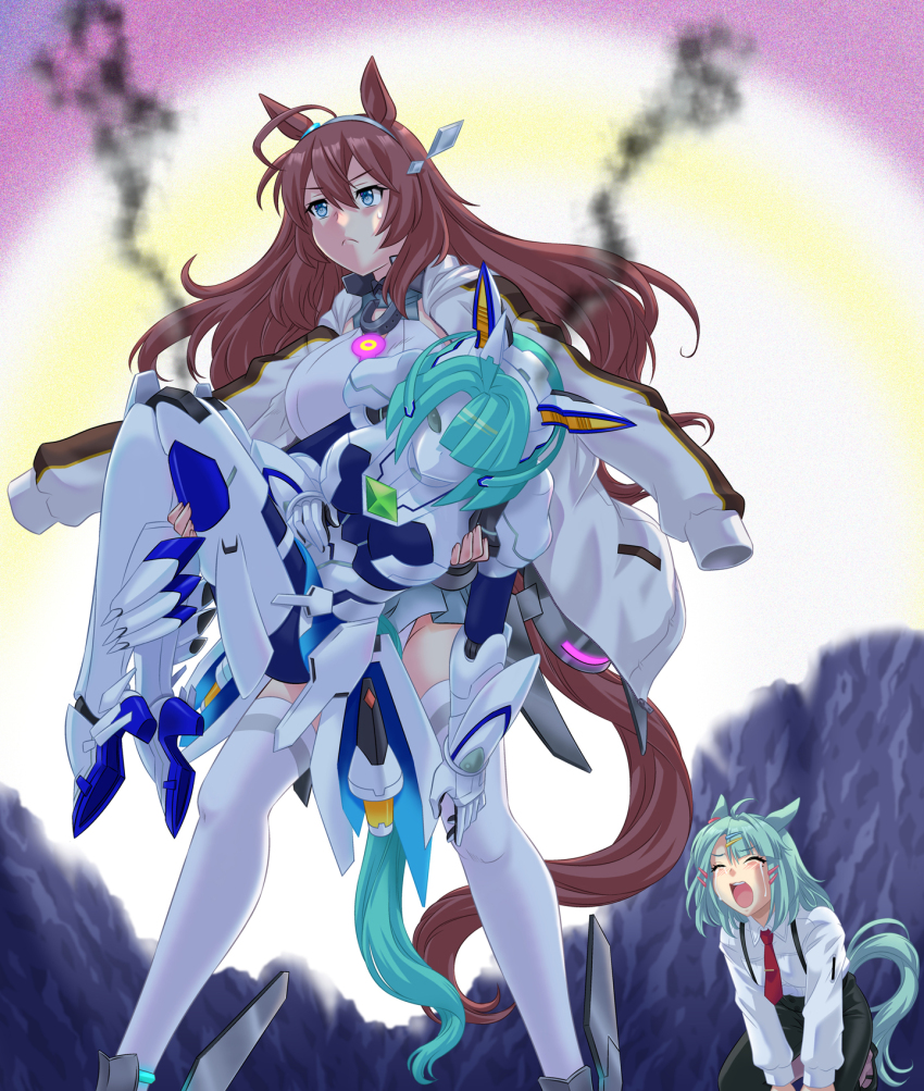 3girls, ahoge, android, black_pants, blue_eyes, breasts, brown_hair, carrying