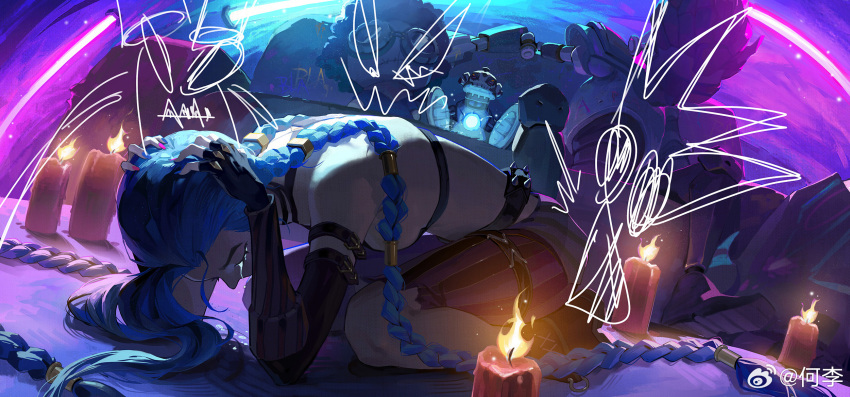 1girl, arcane:_league_of_legends, arcane_jinx, artist_name, black_gloves, blue_hair, blue_nails, braid