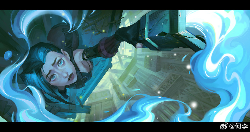 1girl, arcane:_league_of_legends, arcane_jinx, artist_name, black_gloves, blue_eyes, blue_hair, braid, cityscape, fingerless_gloves, from_above, gloves, gun, he_li, highres, holding, holding_gun, holding_weapon, jinx_(league_of_legends), league_of_legends, long_hair, looking_up, outdoors, parted_lips, solo, twin_braids, watermark, weapon, weibo_watermark
