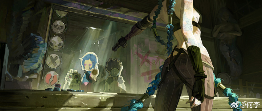 1girl, arcane:_league_of_legends, arcane_jinx, arm_tattoo, artist_name, ass, black_gloves, blue_hair, braid, breasts, fingerless_gloves, from_behind, gloves, gun, he_li, head_out_of_frame, highres, holding, holding_gun, holding_weapon, indoors, jinx_(league_of_legends), league_of_legends, long_hair, mirror, shadow, sideboob, small_breasts, solo, tattoo, twin_braids, watermark, weapon, weibo_watermark