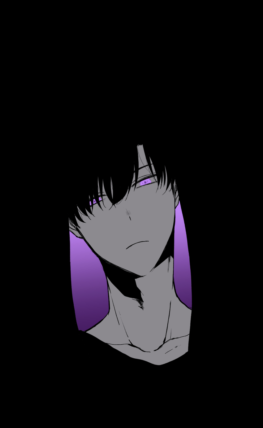 1boy, 8mo10, absurdres, black_background, black_hair, black_hoodie, black_shirt, blending, collarbone, expressionless, hair_between_eyes, head_tilt, highres, hood, hoodie, male_focus, monochrome, purple_eyes, purple_hood, shirt, short_hair, simple_background, solo_leveling, spot_color, sung_jin-woo