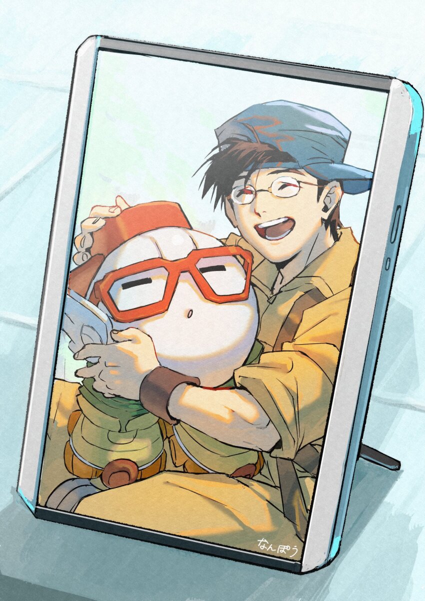 2boys, ^_^, armband, artist_name, backwards_hat, brown_armband, brown_hair, brown_jumpsuit