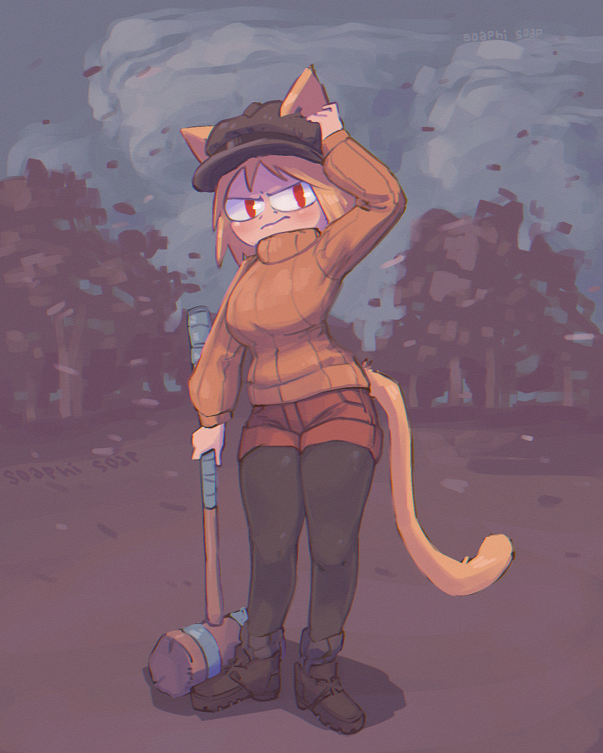 blonde_hair, breasts, cat_tail, croquet, croquet_mallet, headgear, highres, holding, holding_headgear, large_breasts, leggings, neco-arc, orange_sweater, red_eyes, ribbed_sweater, shoes, shorts, soaphisoap, solo, sweater, tail, tsukihime, type-moon