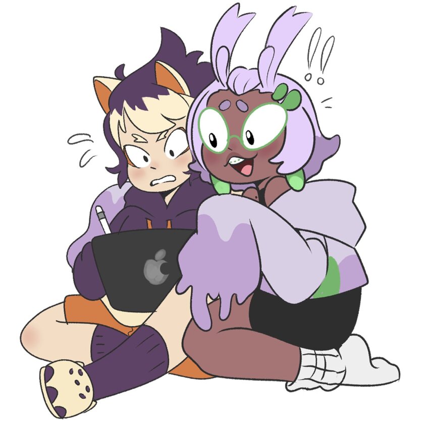 !, !!, 2girls, androgynous, animal_ears, antenna_hair, apple_pencil, bare_shoulders, black_footwear, black_unitard, blonde_hair, borrowed_character, braces, clenched_teeth, crocs, crop_top, dark-skinned_female, dark_skin, earrings, flying_sweatdrops, furrowed_brow, gen_4_pokemon, gen_6_pokemon, glasses, goomy, green-framed_eyewear, grin, hair_ornament, hairclip, highres, holding, holding_pencil, holding_tablet_pc, hood, hood_down, hoodie, indian_style, ipad, jewelry, knee_blush, kneeling, light_blush, messy_hair, mole, mole_on_shoulder, motostokequeen, multicolored_hair, multiple_girls, nintendo, off-shoulder_shirt, off_shoulder, on_ground, open_mouth, orange_shorts, pencil, personification, pokemon, purple_hair, purple_hood, purple_hoodie, purple_shirt, purple_socks, ribbed_socks, seiza, shirt, short_eyebrows, short_hair, shorts, simple_background, sitting, sleeves_past_fingers, sleeves_past_wrists, smile, socks, solo, stunky, tablet_pc, teeth, two-tone_hair, two-tone_shirt, unitard, upper_teeth_only, white_background, white_socks, yellow_hoodie