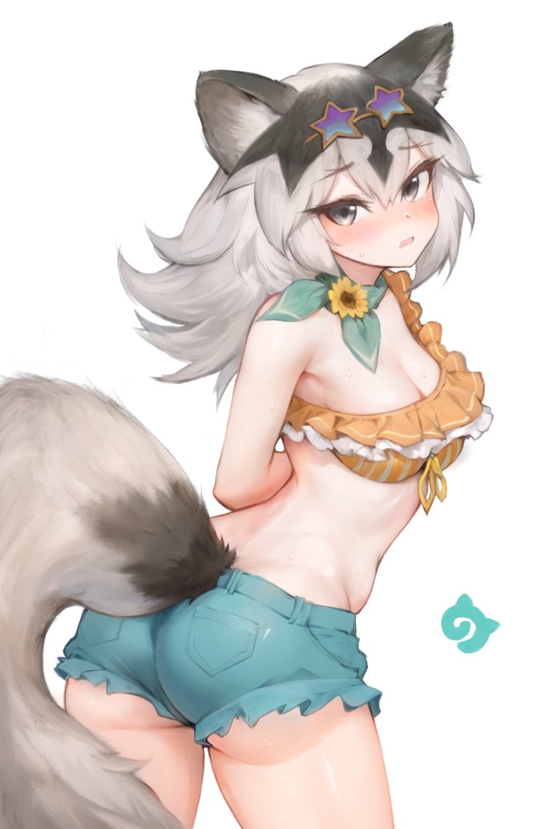 1girl, alternate_costume, animal_ears, bare_shoulders, bikini, bikini_top_only, blush, cowboy_shot, cutoff_jeans, cutoffs, denim, denim_shorts, eastern_wolf_(kemono_friends), eyewear_on_head, frilled_bikini, frills, green_scarf, grey_eyes, grey_hair, hair_between_eyes, jack4l, japari_symbol, kemono_friends, kemono_friends_3, looking_at_viewer, looking_back, midriff, multicolored_hair, navel, orange_bikini, scarf, short_hair, short_shorts, shorts, sidelocks, sleeveless, solo, star-shaped_eyewear, star_(symbol), sweatdrop, swimsuit, tail, two-tone_hair, white_hair, wolf_ears, wolf_girl, wolf_tail