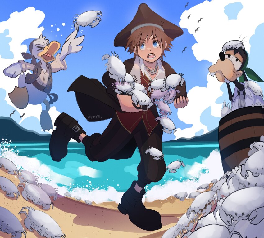 absurdres, beach, bird, blue_eyes, brown_hair, crab, crown_(symbol), donald_duck