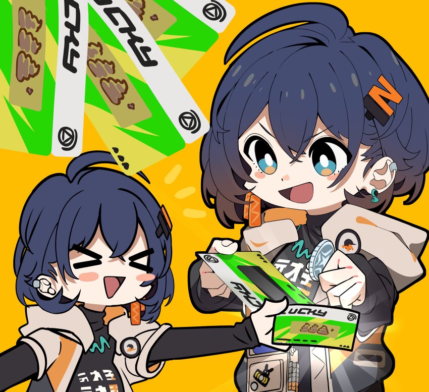 >_<, 1girl, absurdres, belle_(zenless_zone_zero), black_outline, black_shirt, blue_hair, blush_stickers