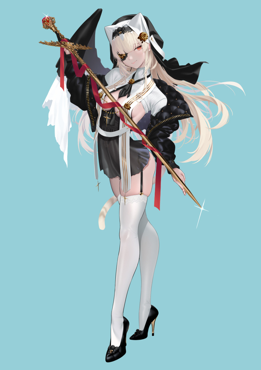 1girl, absurdres, animal_ears, between_breasts, black_dress, black_footwear, black_jacket, black_veil