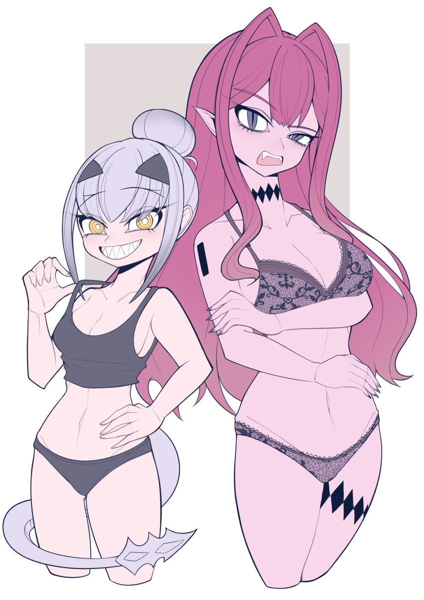 2girls, absurdres, baobhan_sith_(fate), black_bra, black_camisole, black_panties, blush, bra, breasts, camisole, cleavage, cropped_legs, fangs, fate/grand_order, fate_(series), grey_eyes, hair_bun, hand_on_own_hip, highres, lingerie, long_hair, looking_at_viewer, lrl23wznet74220, melusine_(fate), multiple_girls, navel, open_mouth, panties, pink_hair, pointy_ears, sharp_teeth, sidelocks, smile, tail, teeth, underwear, white_hair, yellow_eyes