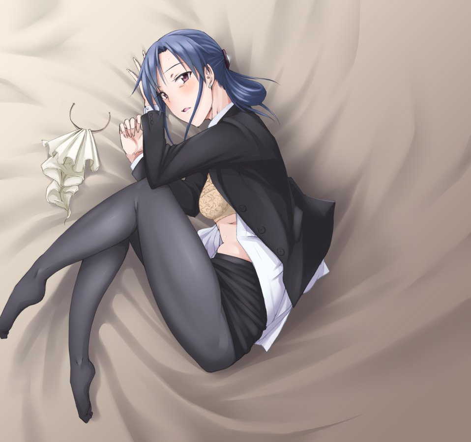 1girl, 3e, bed_sheet, black_coat, black_skirt, blue_hair, bra, brown_eyes