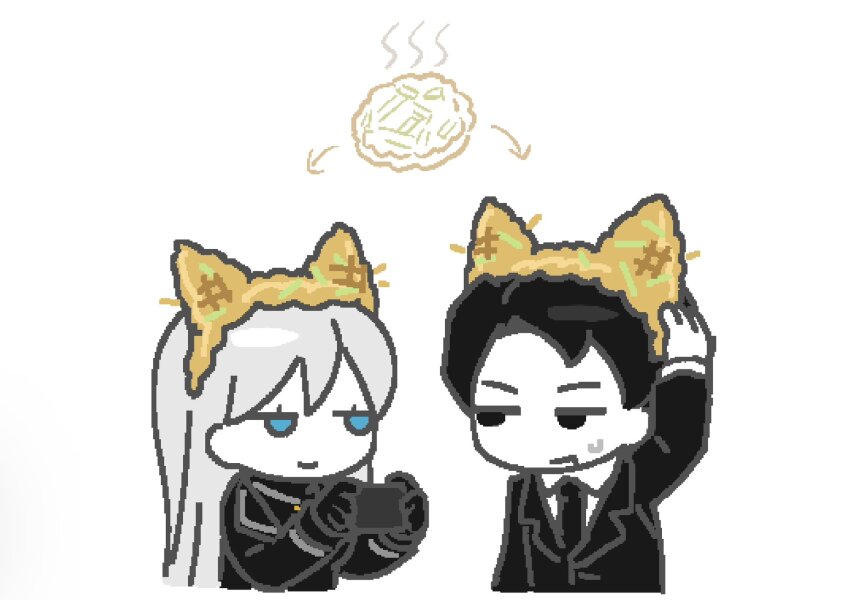 1boy, 1girl, angelica_(project_moon), black_eyes, black_gloves, black_hair, black_jacket, black_necktie