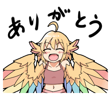 1girl, ahoge, animal_ears, bird_ears, brown_camisole, camisole, commentary_request, cue_(lindwrum), fang, harpy, iroha_(cue_(lindwrum)), lowres, midriff, monster_girl, navel, open_mouth, original, rainbow_feathers, rainbow_wings, skin_fang, smile, solo, translation_request, winged_arms, wings