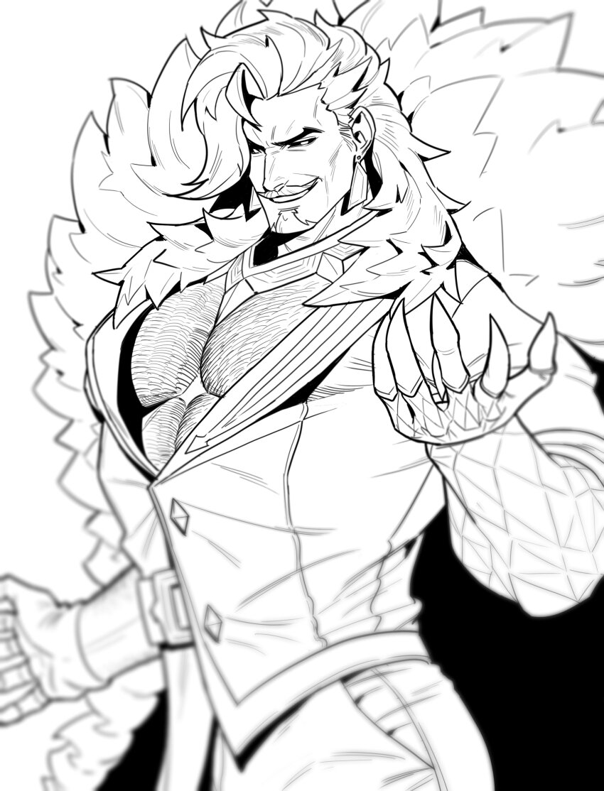 1boy, absurdres, bara, bare_pectorals, beard, bingbing_nakso, chest_hair, coat, commentary_request, facial_hair, fur-trimmed_coat, fur_trim, greyscale, grin, highres, korean_commentary, league_of_legends, looking_at_viewer, male_focus, monochrome, muscular, muscular_male, mustache, pectoral_cleavage, pectorals, prestige_chosen_of_the_wolf_swain, smile, swain_(league_of_legends)