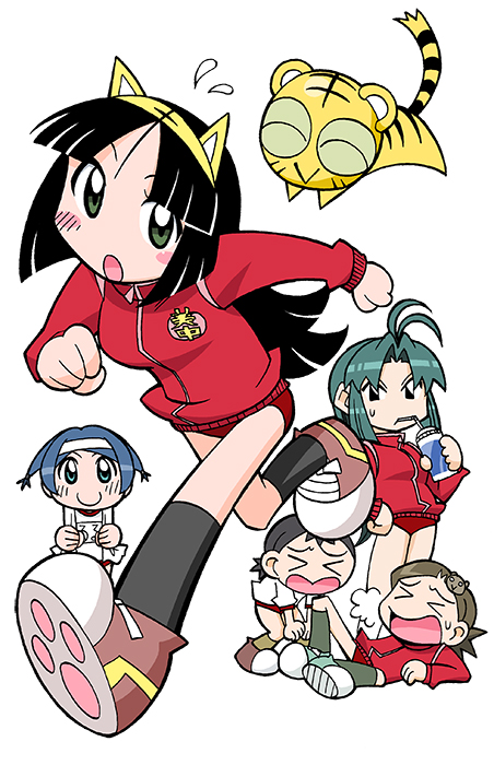 >_<, 5girls, animal_ear_hairband, animal_ears, animal_hair_ornament, antenna_hair, aqua_eyes, black_hair