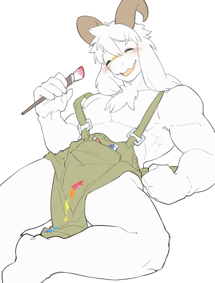 1boy, abs, animal_ears, apron, blush, claws, closed_eyes, commentary