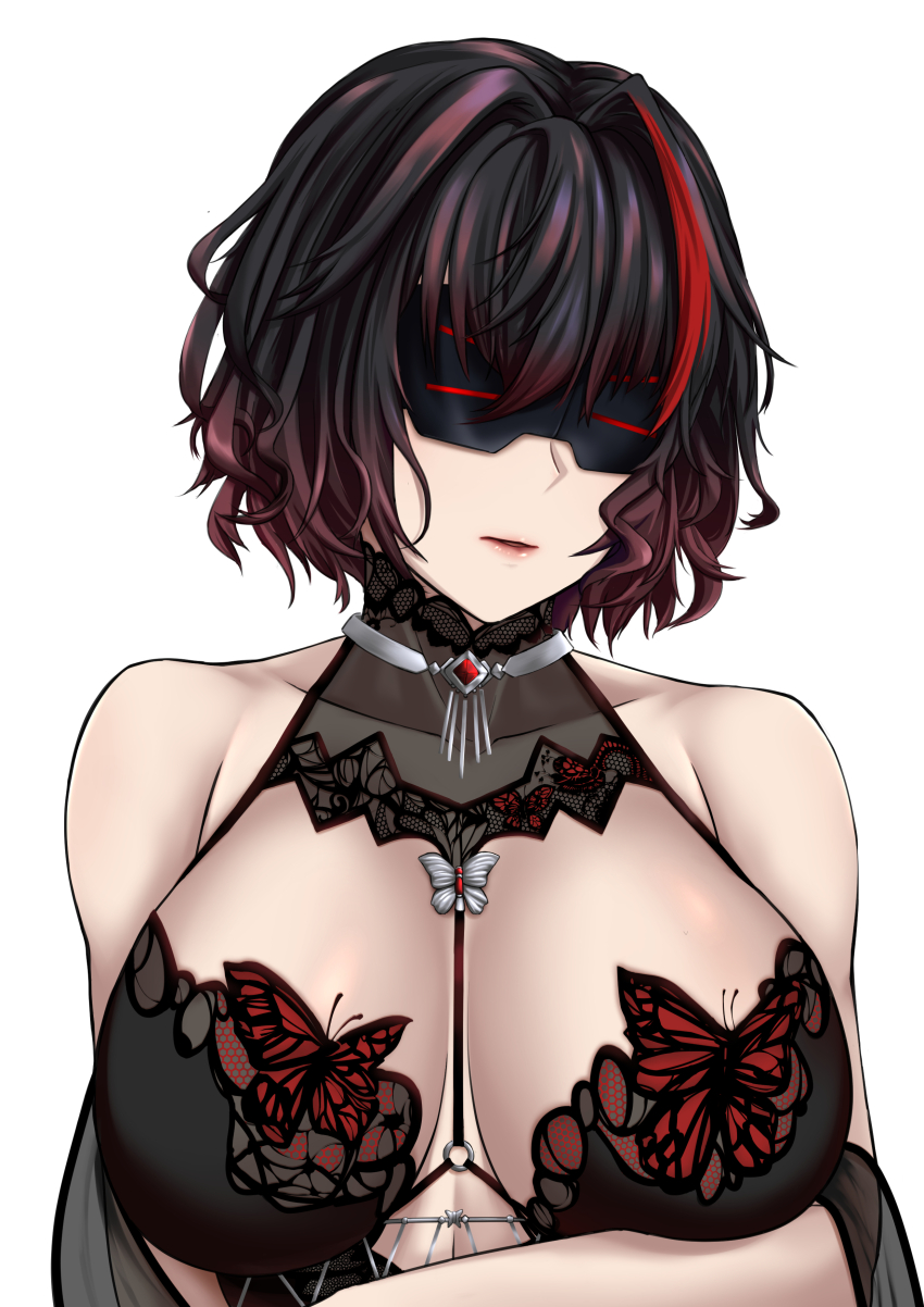 1girl, absurdres, bare_shoulders, black_hair, breasts, collarbone, commission, cosplay