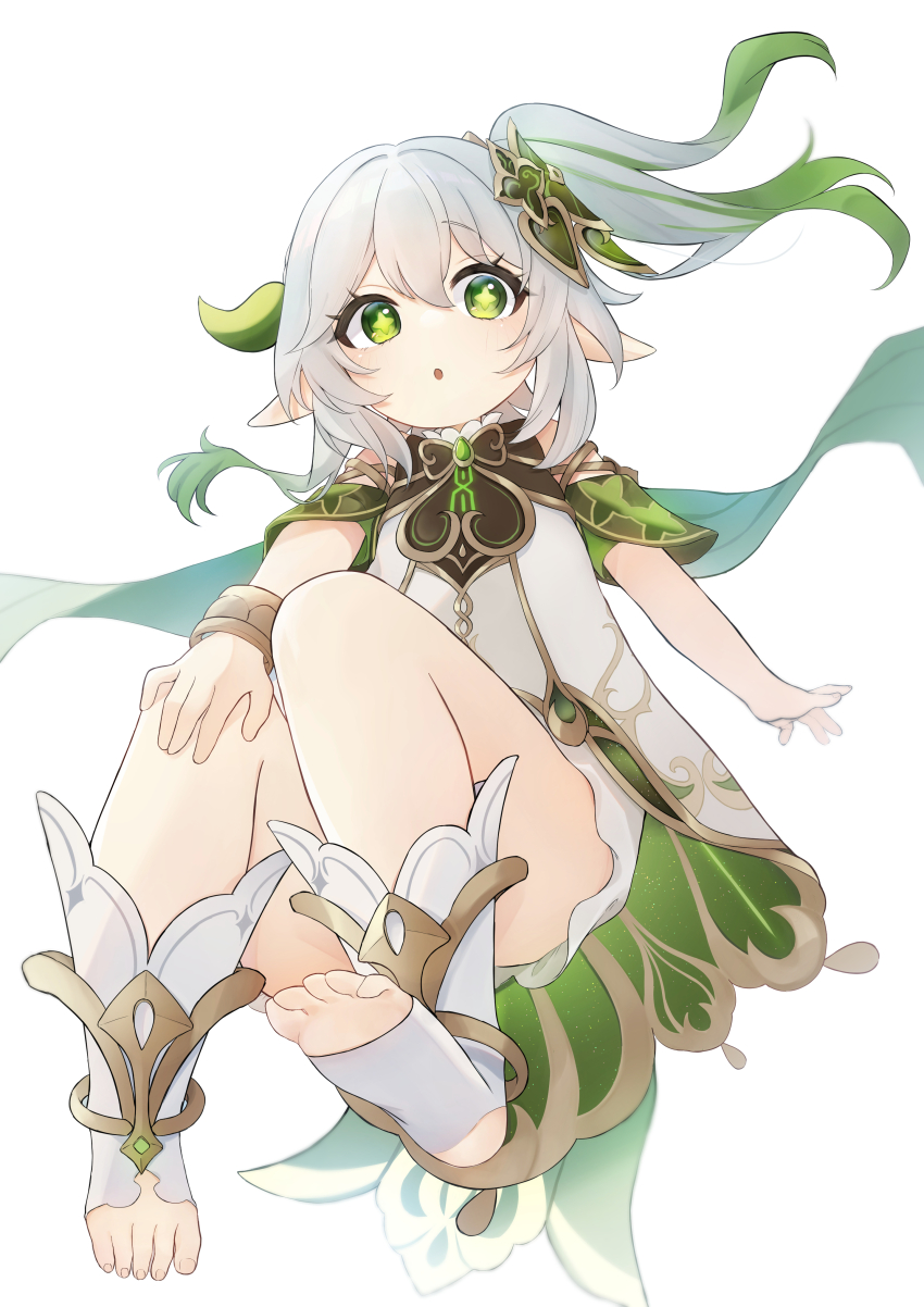 1girl, :o, absurdres, bloomers, blush, bracelet, braid, cape, commentary, cross-shaped_pupils, detached_sleeves, dress, feet, full_body, genshin_impact, gold_trim, gradient_hair, green_cape, green_eyes, green_hair, green_sleeves, hair_between_eyes, hair_ornament, half_crown_braid, highres, iroha_(mimi0618xx), jewelry, leaf_hair_ornament, long_hair, looking_at_viewer, multicolored_hair, nahida_(genshin_impact), open_mouth, pointy_ears, side_ponytail, sidelocks, soles, solo, stirrup_footwear, stirrup_legwear, symbol-shaped_pupils, toeless_footwear, toeless_legwear, toes, underwear, white_background, white_bloomers, white_dress, white_hair
