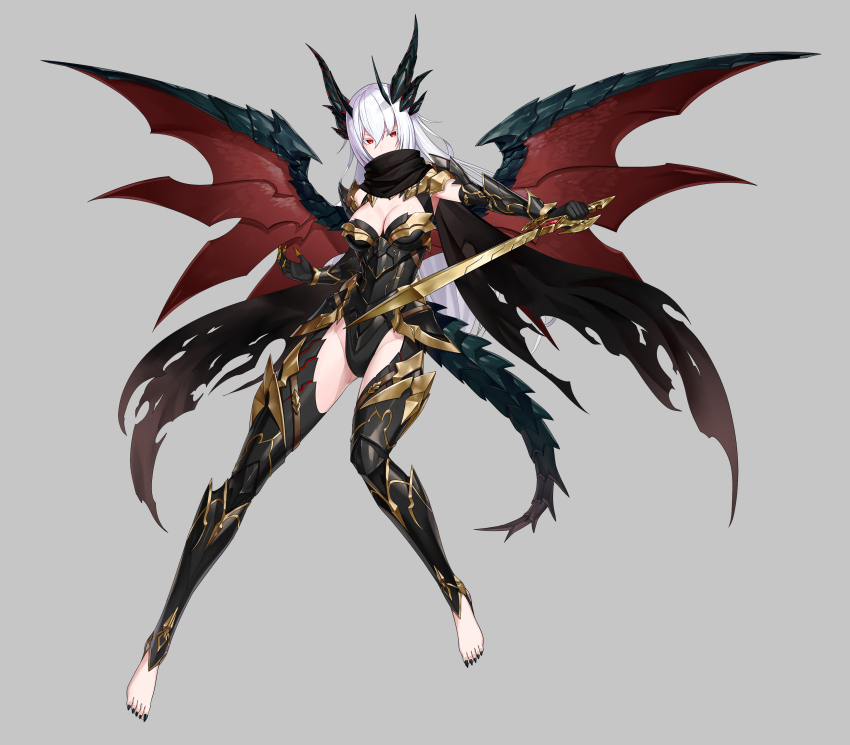 1girl, absurdres, black_scarf, colored_eyelashes, commission, dragon_girl, dragon_horns, dragon_tail